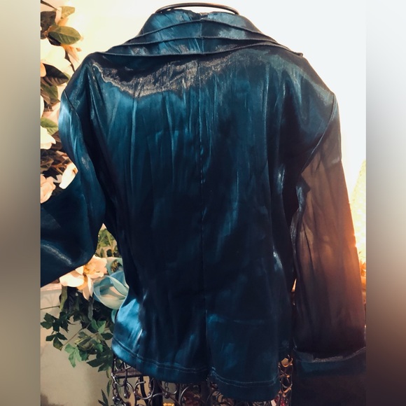 Cachet Women's Deep Blue Teal Satin Blouse - Picture 7 of 12